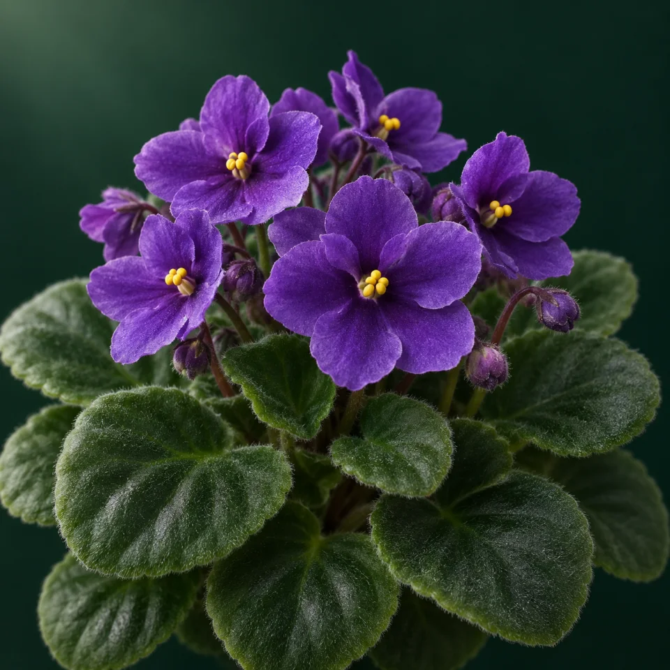 Violeta africana de flores moradas y hojas aterciopeladas sobre fondo verde oscuro