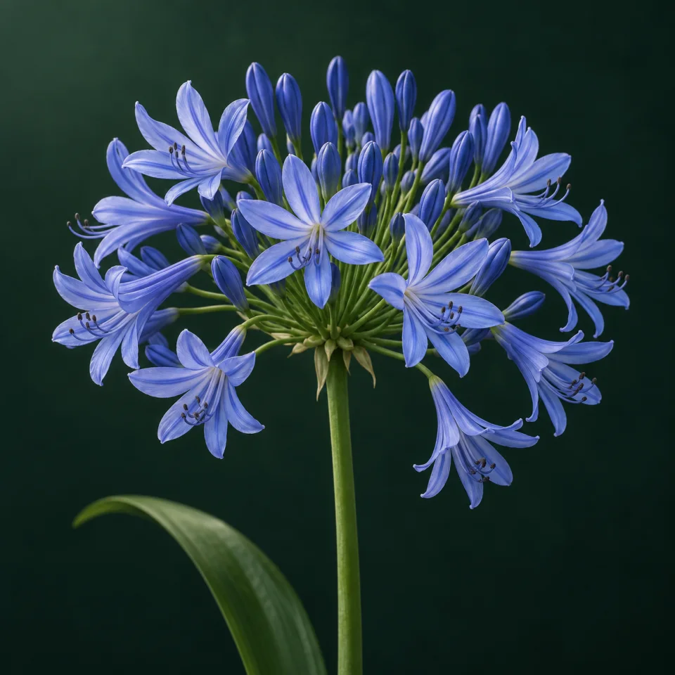 Umbela de flores azules de agapanto sobre verde oscuro