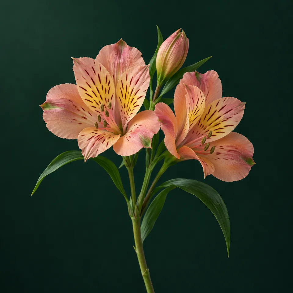 Alstroemerias rosa albaricoque con pétalos rayados sobre un fondo verde oscuro
