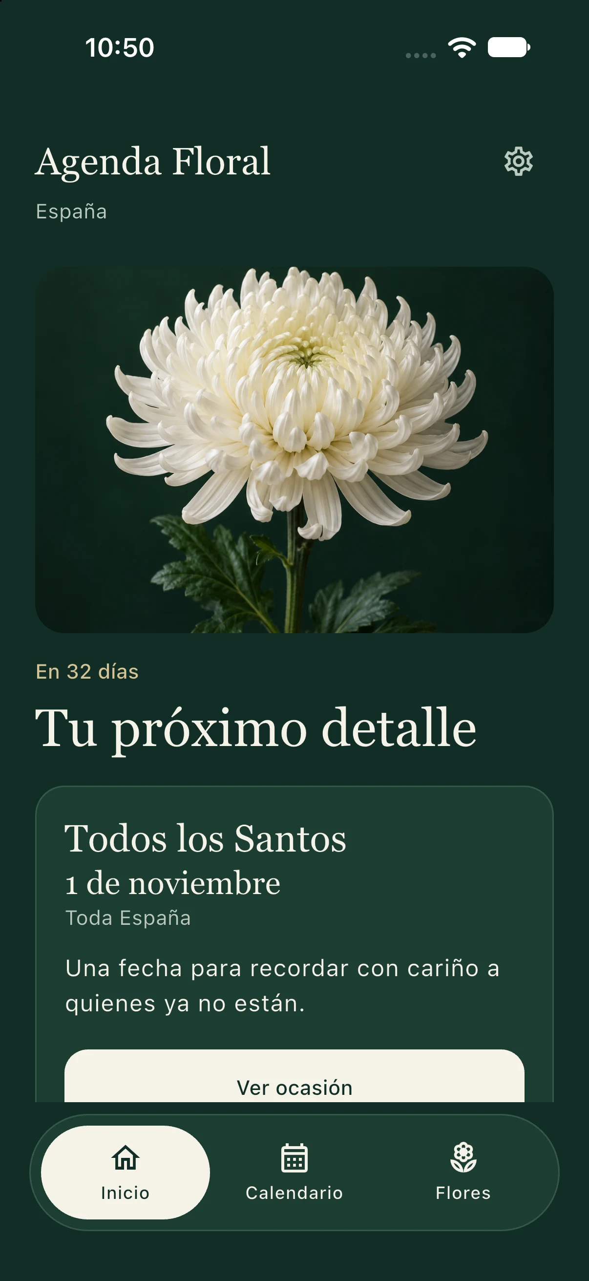 Actual Agenda Floral home screen in Spanish showing All Saints’ Day and a chrysanthemum