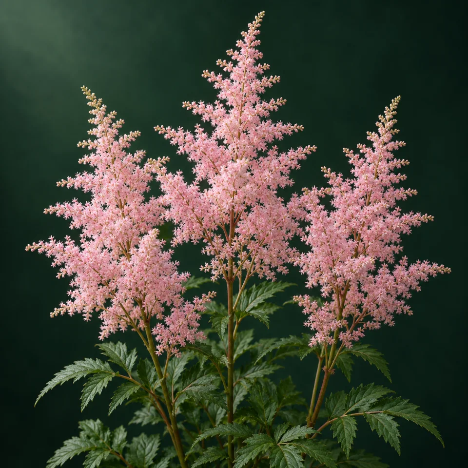Pink astilbe plumes and green foliage against a dark green background