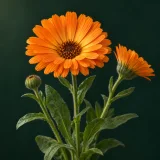 Orange pot marigold with a dark golden central disc, a side-facing flower and a bud against a dark green background