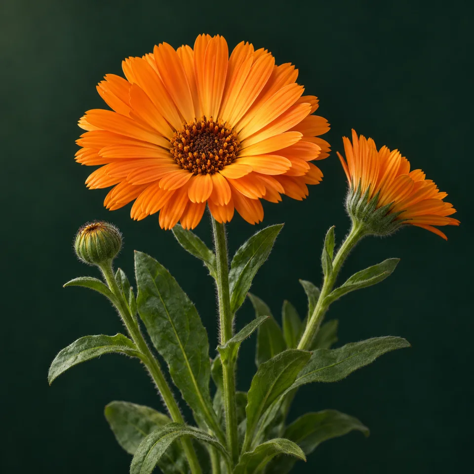 Orange pot marigold with a dark golden central disc, a side-facing flower and a bud against a dark green background