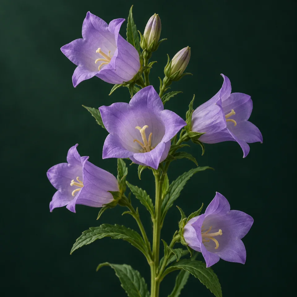 Campánula con flores lavanda en forma de campana y capullos sobre un tallo verde, con fondo verde oscuro