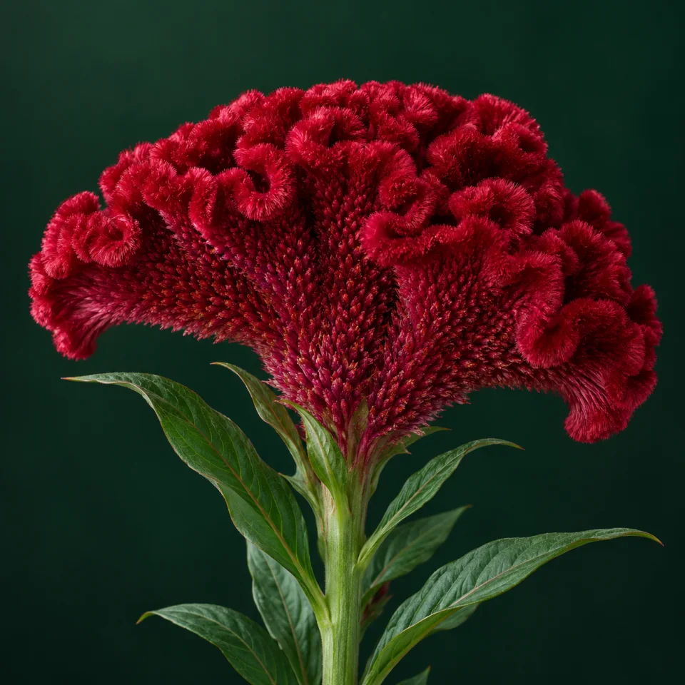 Burgundy-red crested celosia against dark green