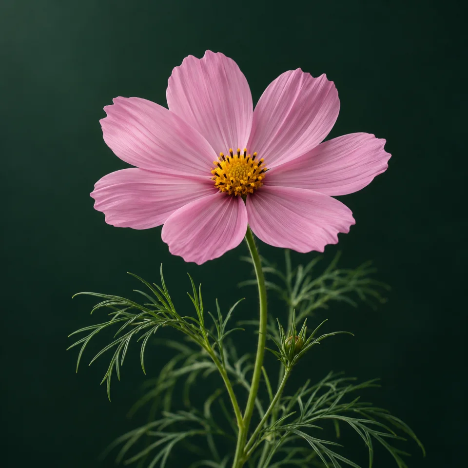 Cosmos de pétalos rosados y disco amarillo sobre verde oscuro