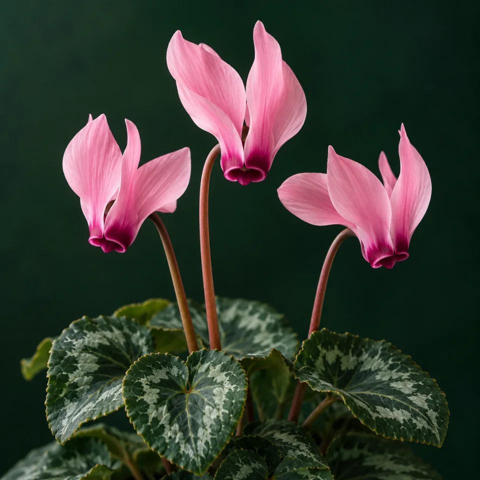 Cyclamen with swept-back pink petals and marbled leaves against dark green