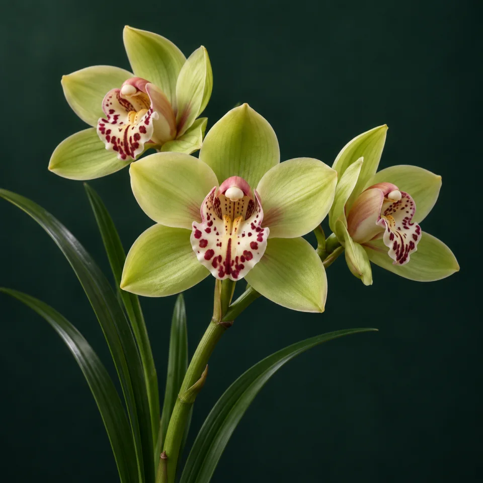 Cymbidium orchid against a dark green background