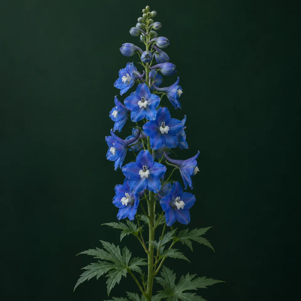 Delphinium against a dark green background