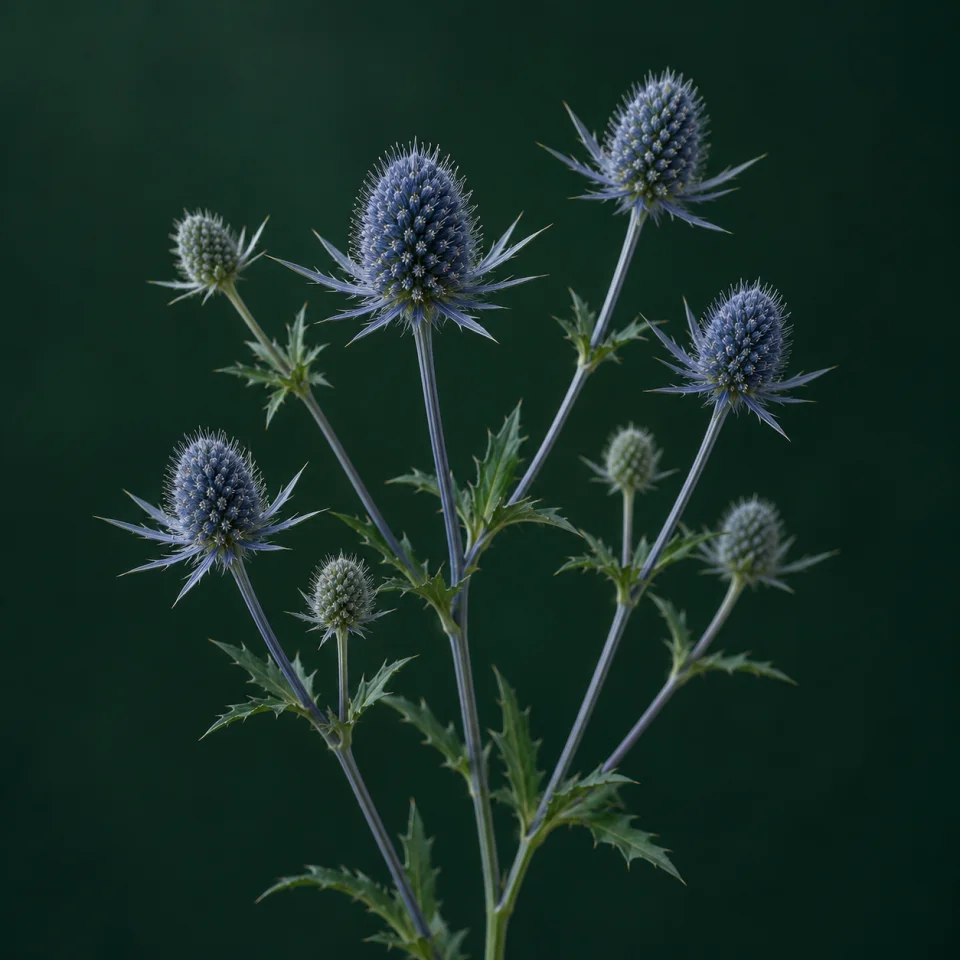 Blue sea holly with oval flower heads and narrow pointed bracts against dark green
