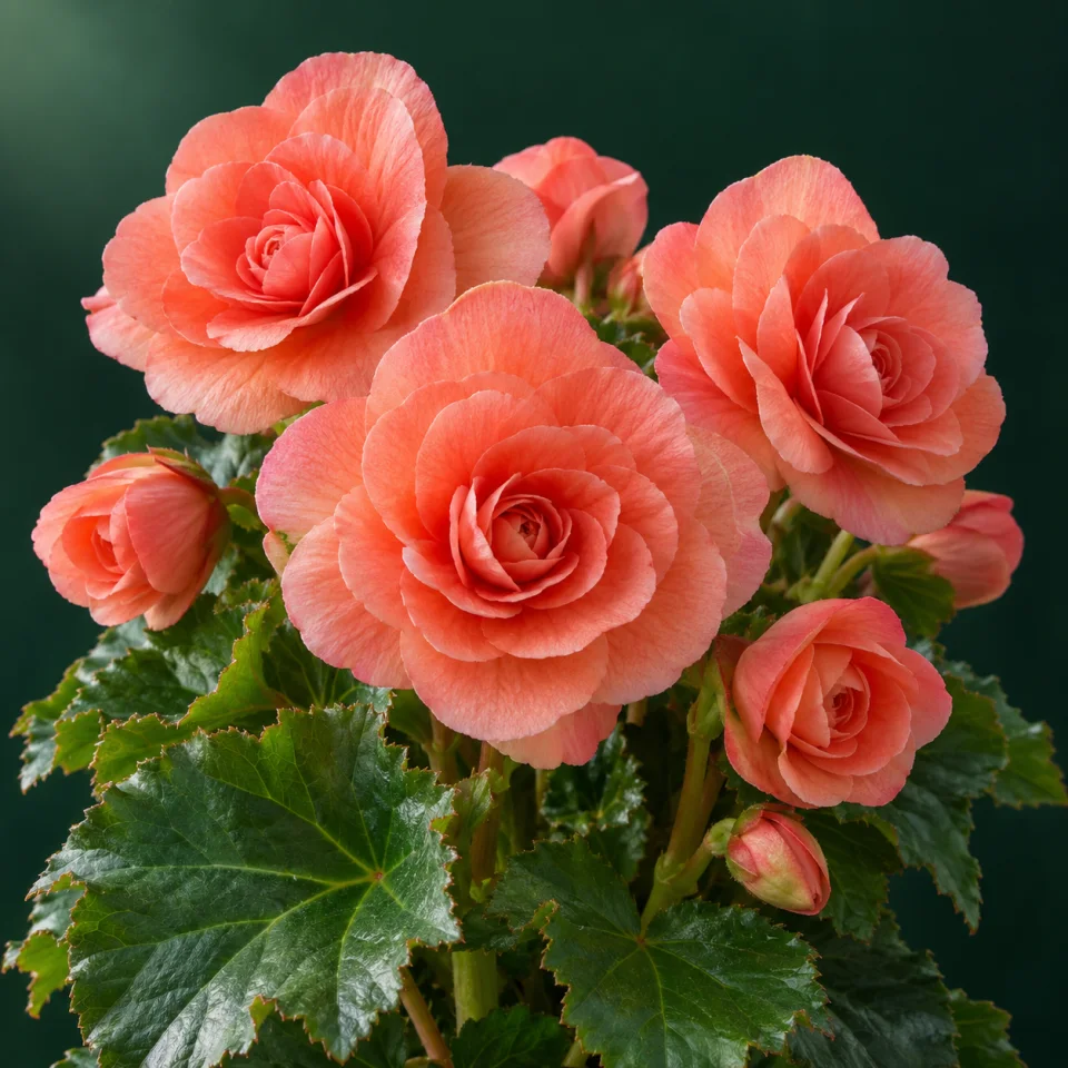 Begonia Elatior de flores dobles coral y hojas verdes sobre fondo verde oscuro