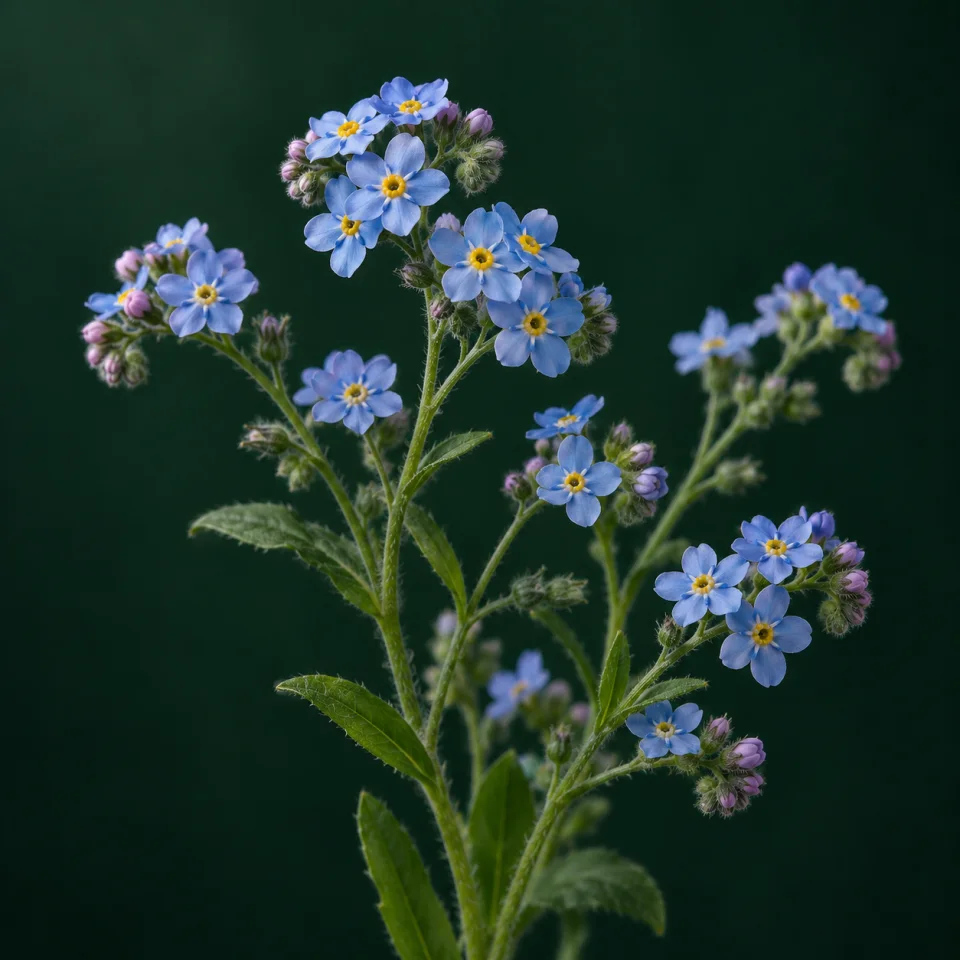 Nomeolvides con pequeñas flores azules de cinco lóbulos y centro amarillo sobre tallos finos, con fondo verde oscuro