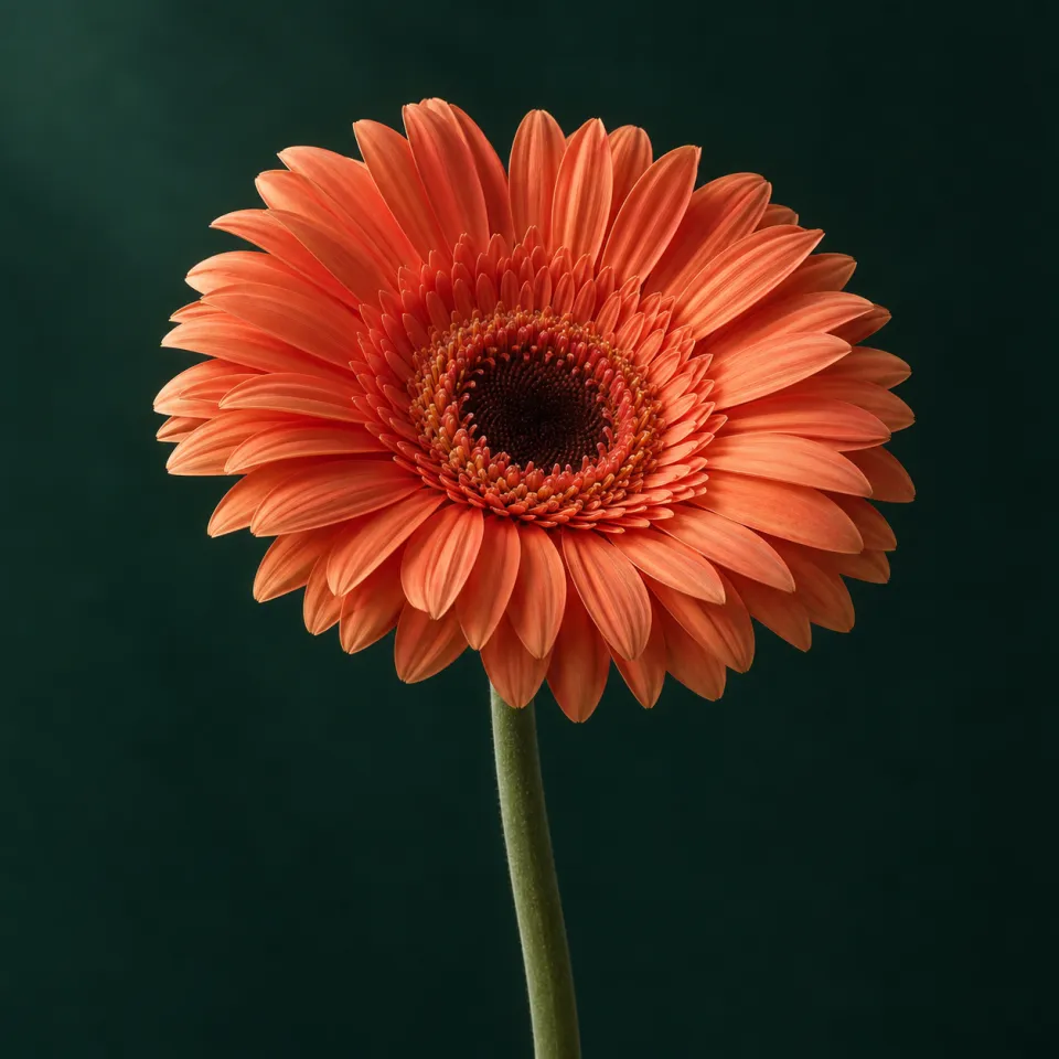 Coral-orange gerbera against a dark green background