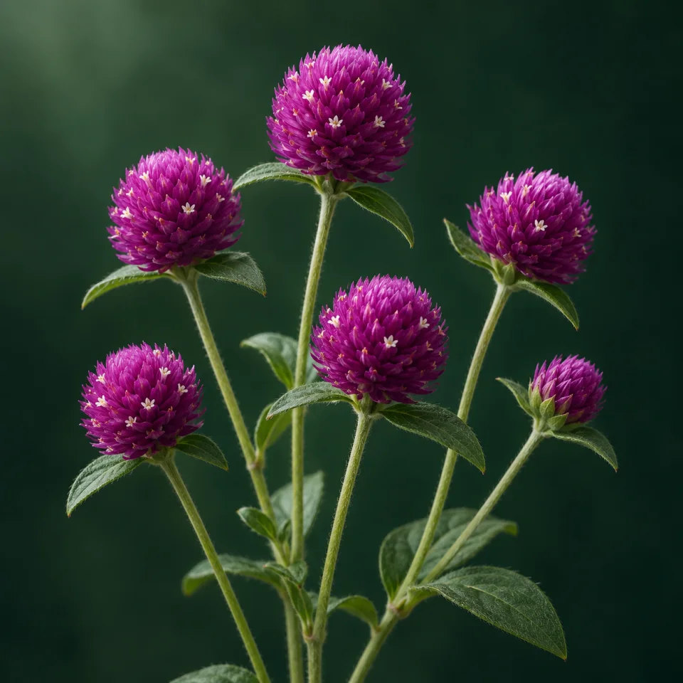 Seis cabezas redondeadas rosa violáceo de gomphrena con pequeñas flores claras y hojas verdes sobre fondo verde oscuro