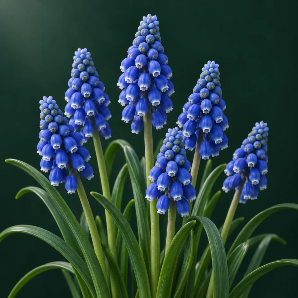 Blue grape hyacinth with compact flower clusters and narrow leaves against a dark green background
