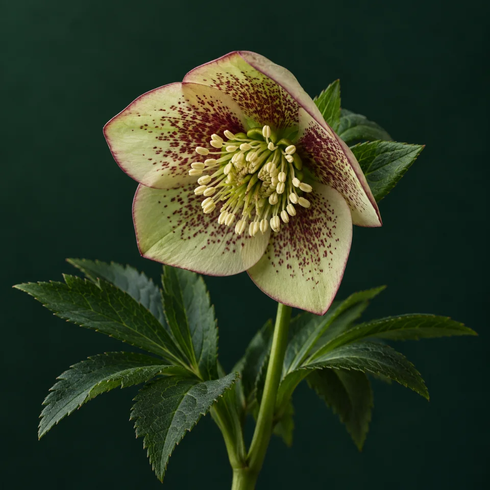 Greenish cream hellebore with burgundy speckles against dark green
