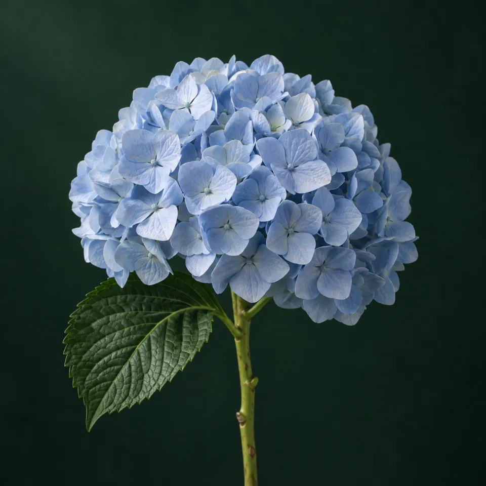 Blue hydrangea flower head against a dark green background