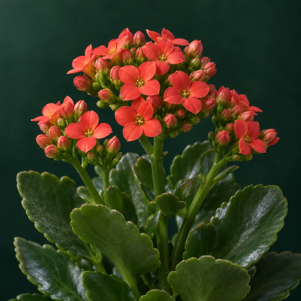 Kalanchoe con flores coral de cuatro lóbulos y hojas carnosas verdes de bordes festoneados sobre fondo verde oscuro