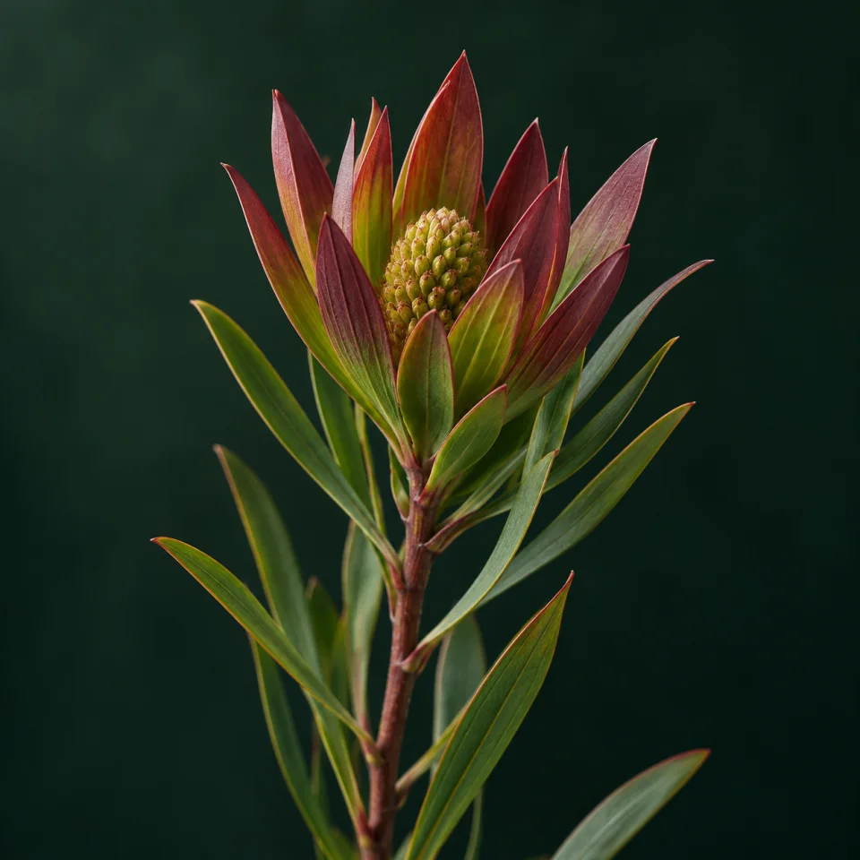 Leucadendron with red-green bracts surrounding a small cone against dark green