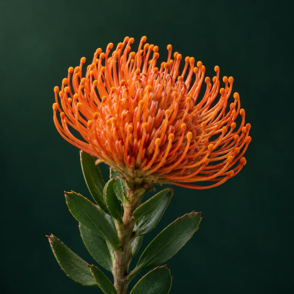 Leucospermum naranja con largos estilos curvados en forma de alfiletero sobre verde oscuro