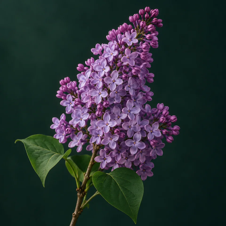 Panicle of small lilac flowers and purple buds against dark green