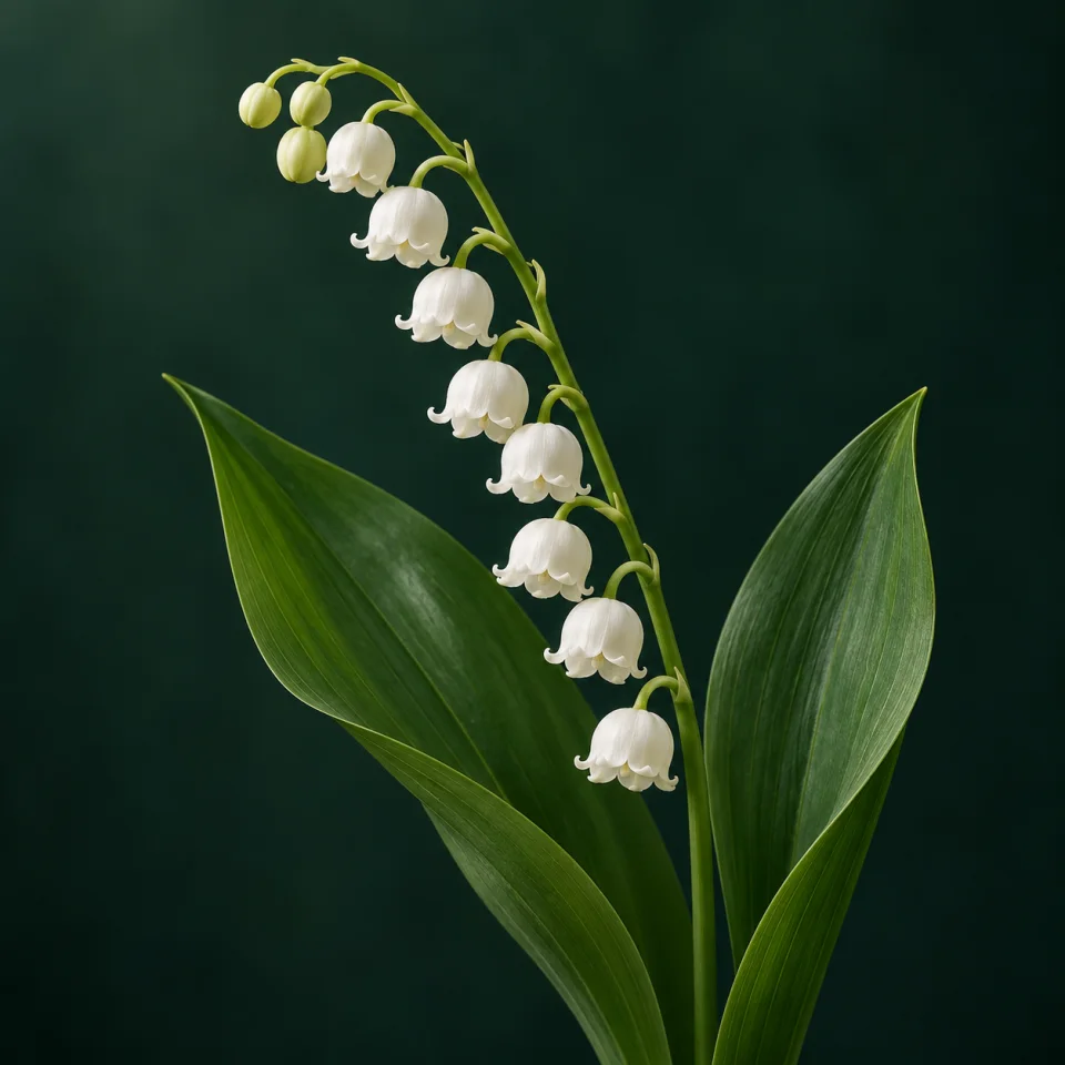 Muguete con campanillas blancas colgantes y hojas verdes anchas sobre verde oscuro