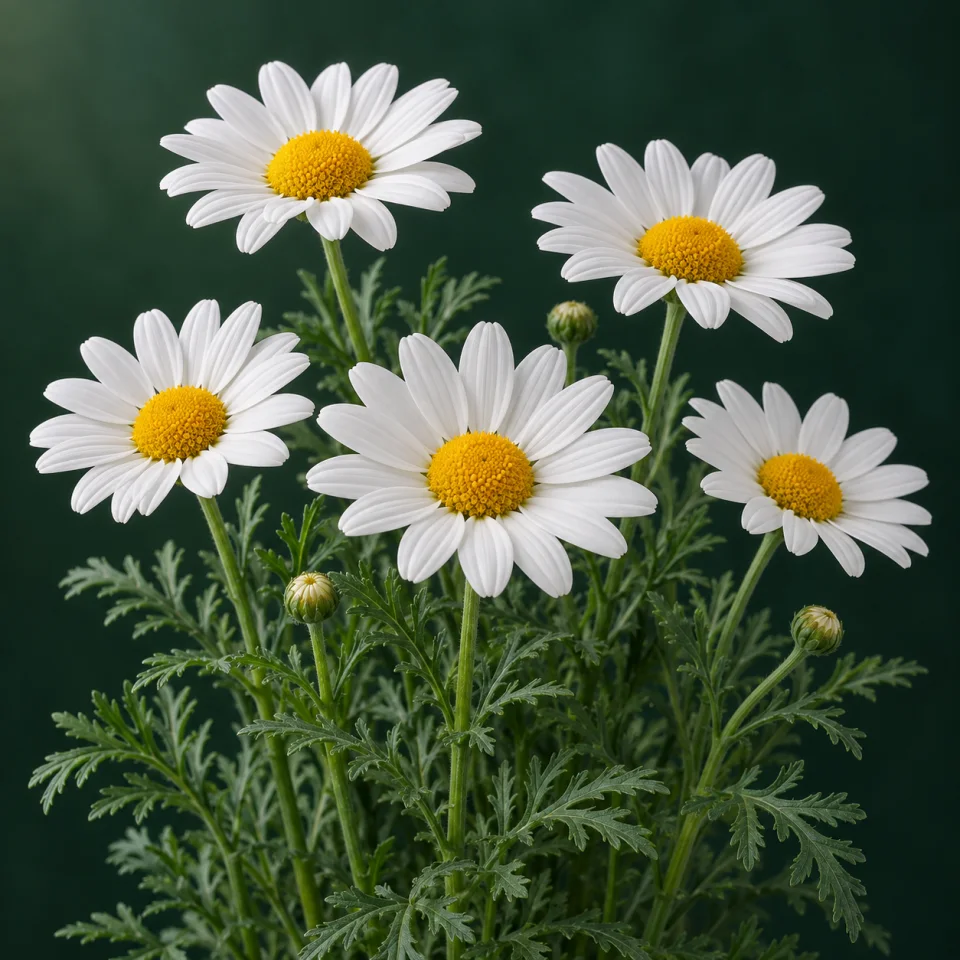 Margarita arbustiva de flores blancas y centro amarillo sobre fondo verde oscuro
