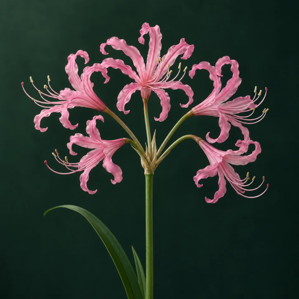Pink nerine with narrow wavy tepals and long stamens against dark green