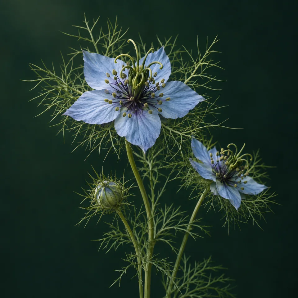 Nigella con flores azul claro, centro de estambres oscuros y brácteas verdes filiformes sobre fondo verde oscuro