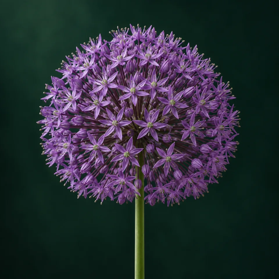 Esfera violeta de pequeñas flores de allium sobre verde oscuro