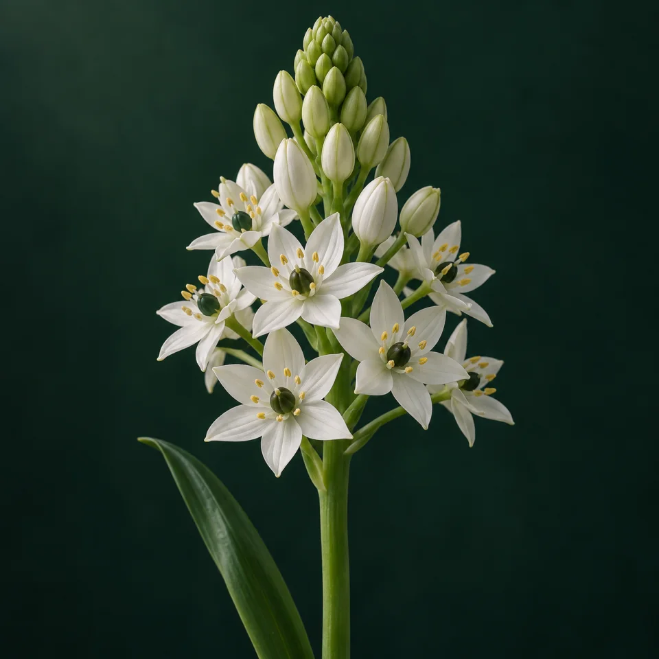 Ornithogalum with star-shaped white flowers, dark green centres and buds against dark green