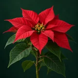 Poinsettia with red bracts and tiny yellow and green flowers against dark green