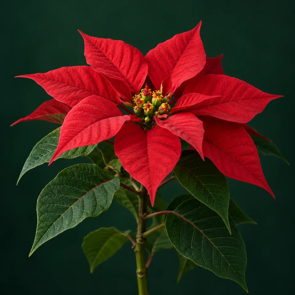 Poinsettia with red bracts and tiny yellow and green flowers against dark green