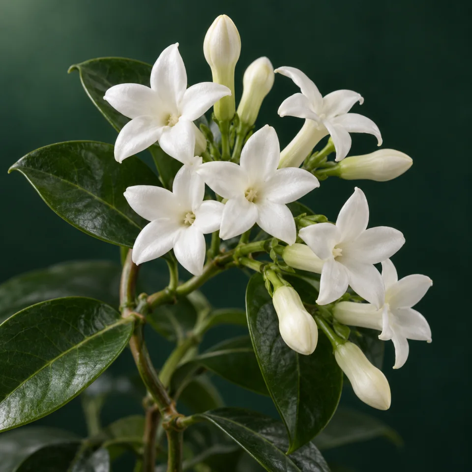 Stephanotis con flores blancas cerosas y hojas brillantes sobre fondo verde oscuro