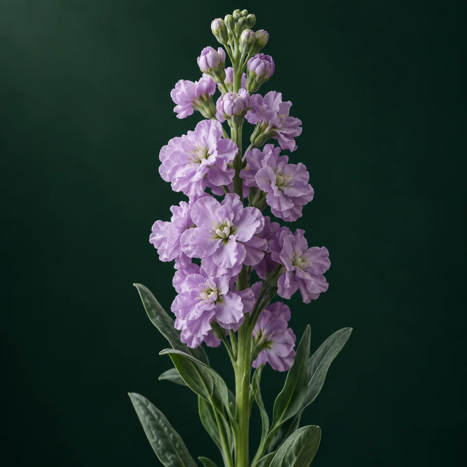 Racimo de alhelíes lavanda sobre verde oscuro