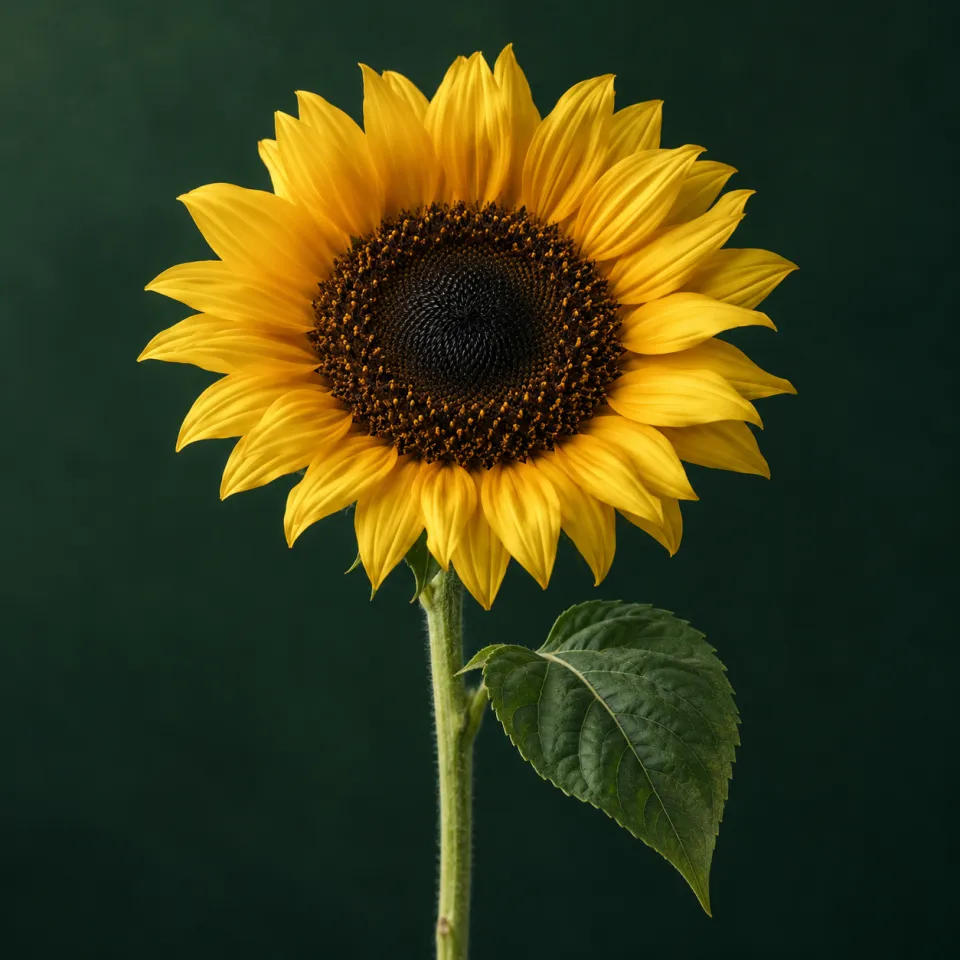 Girasol amarillo de centro oscuro sobre un fondo verde oscuro