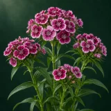 Bartnelke mit Gruppen rosa und magentafarbener Blüten mit hellen Rändern vor dunkelgrünem Hintergrund