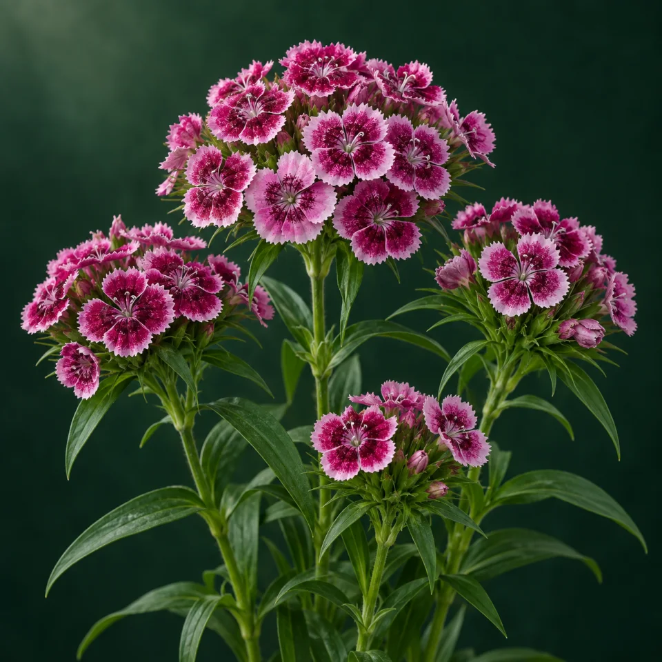 Sweet William with clusters of pink and magenta flowers with pale edges against a dark green background