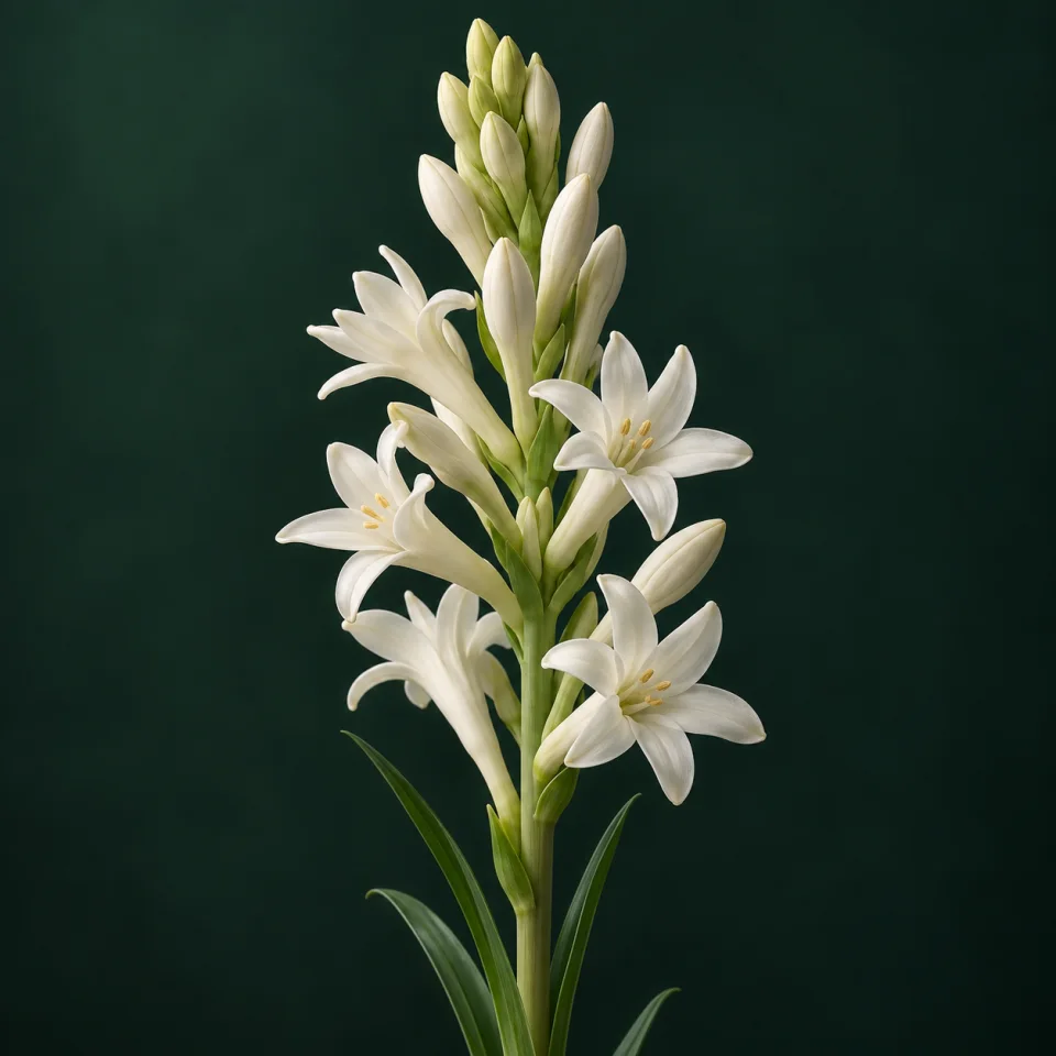 Spike of open white tuberose flowers against dark green