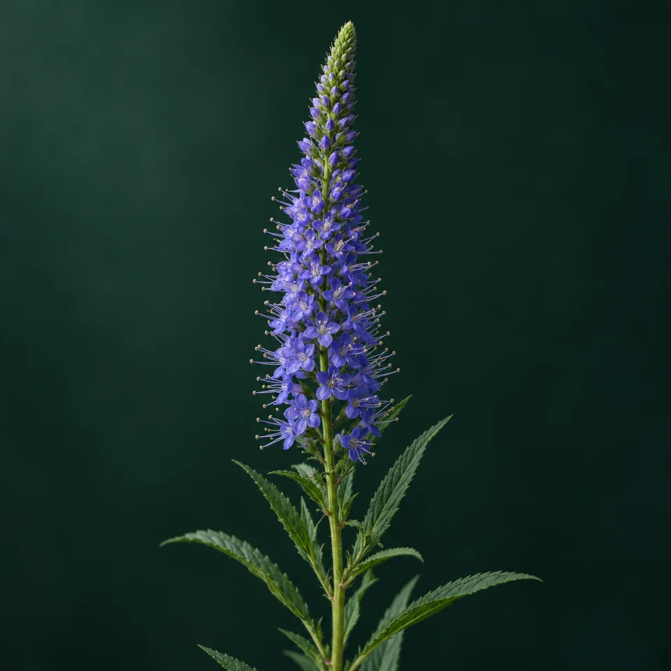 Espiga azul violeta de verónica con pequeñas flores y estambres visibles sobre verde oscuro