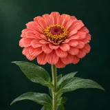 Coral-petalled zinnia with a red centre surrounded by golden florets against dark green