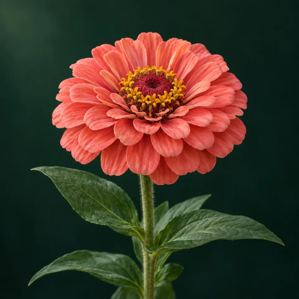 Coral-petalled zinnia with a red centre surrounded by golden florets against dark green